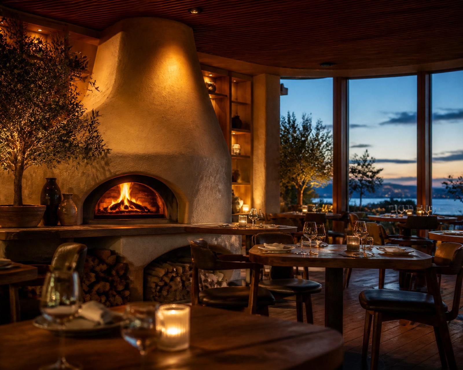 Restaurang Toppens varma interiör med vedugn i skymningen