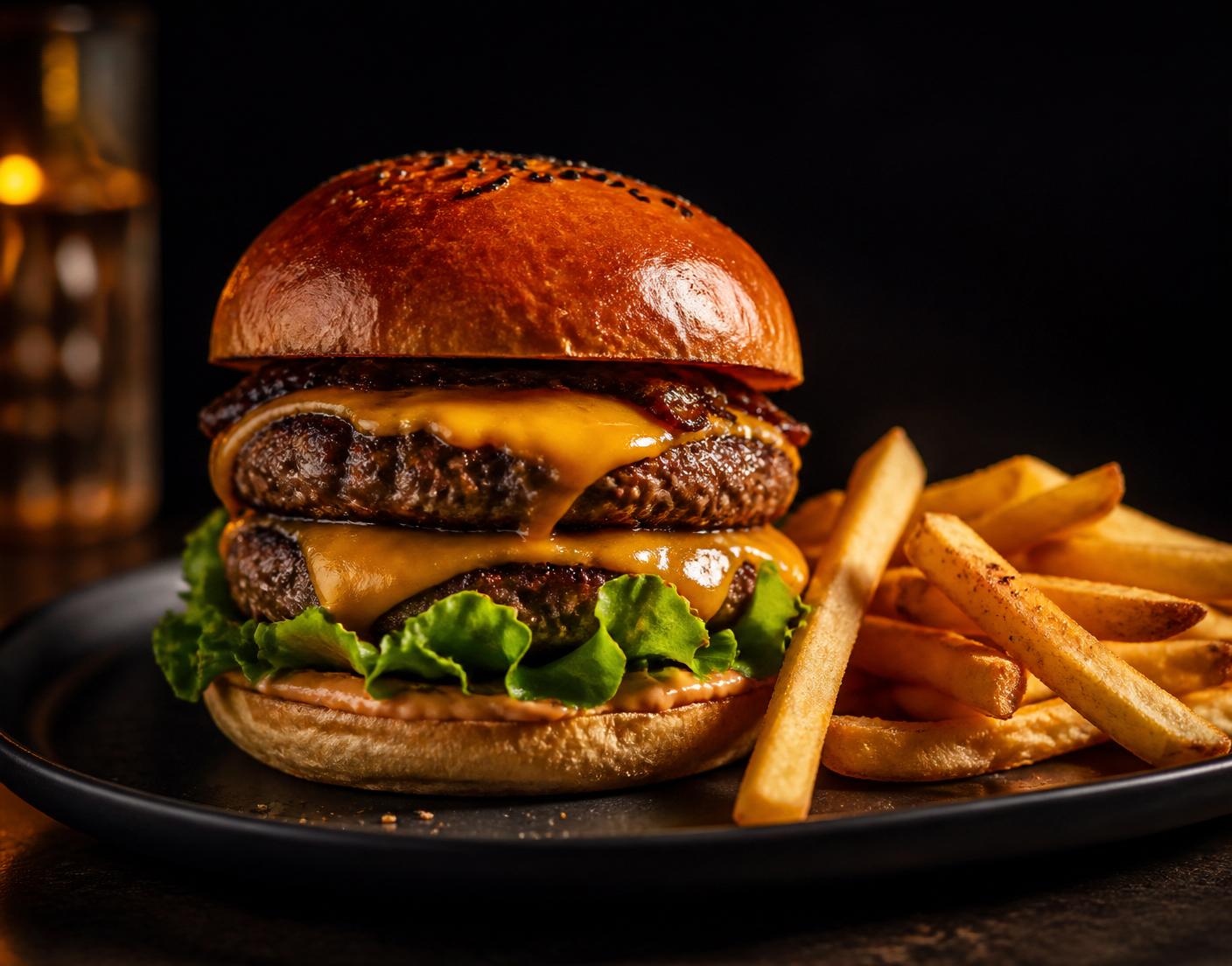Dubbel ostburgare med pommes frites